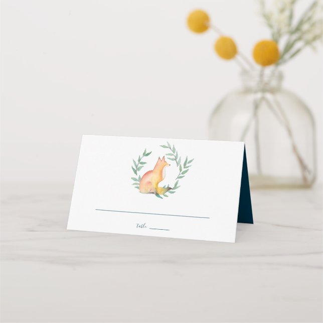 Navy Blue Watercolor Woodland Fox Platzkarte (Vorderseite)