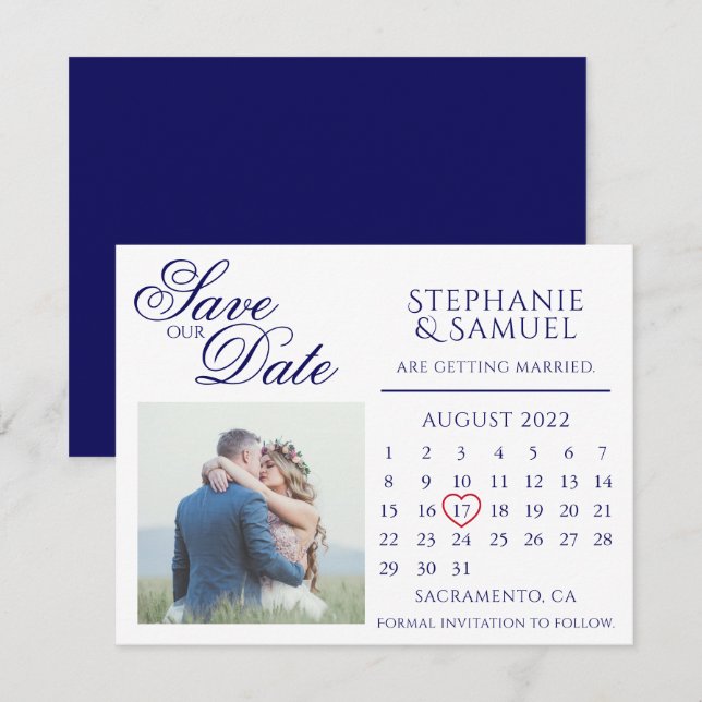 Navy Blue Wedding Calendar Foto Save the Date Mag Einladung (Vorne/Hinten)