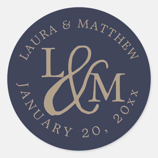 Navy Blue Wedding Monogram Runder Aufkleber (Vorderseite)