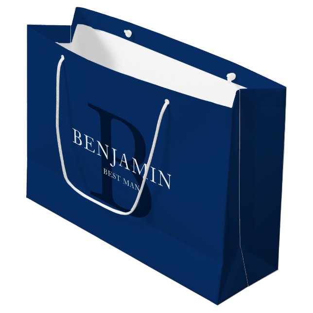 Navy Blue Wedding Party Monogram Vielen Dank Große Geschenktüte (Vorderseite Schrägansicht)
