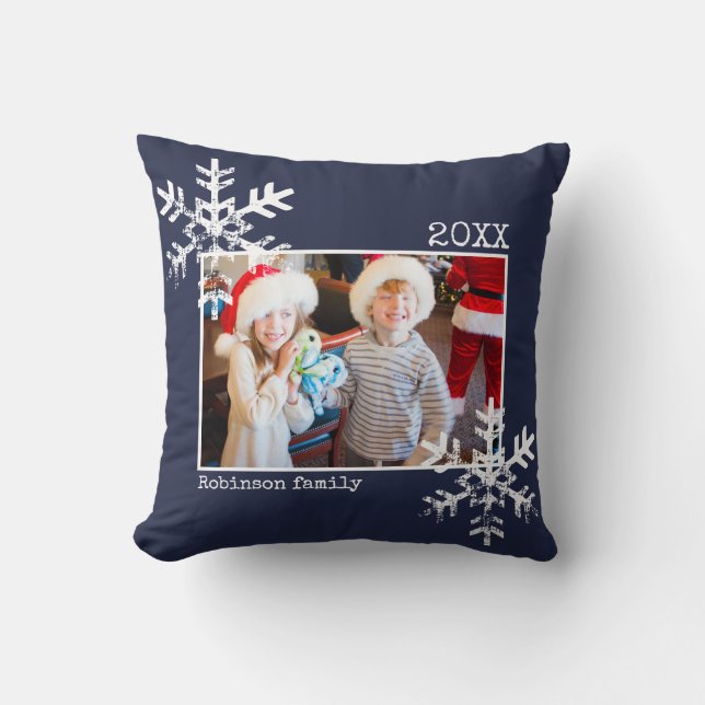 Navy Blue Weihnachts-Foto Not Schneeflocken Kissen (Vorderseite)