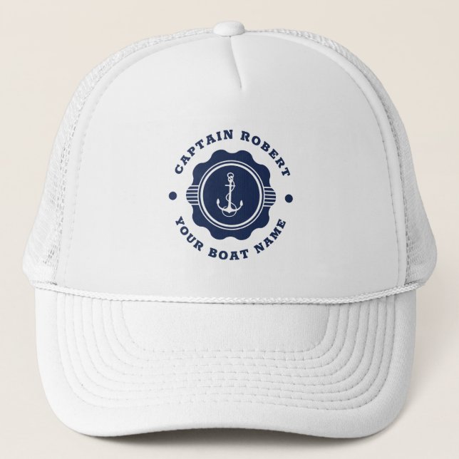 Navy-Blue-Weiß-nautisches Bootsrad und Anker Truckerkappe (Vorderseite)
