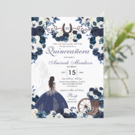 Navy Blue Western Charra Floral Boots Quinceañera Einladung