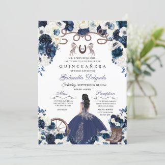 Navy Blue Western Charra Girl Ranchero Quinceanera Einladung