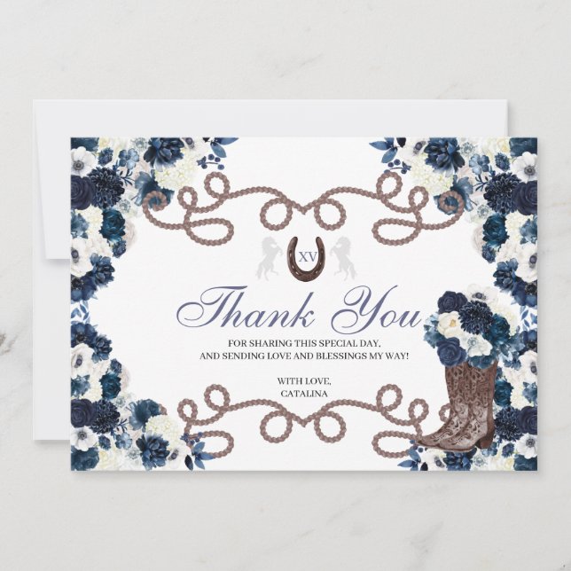 Navy Blue Western Horse Quinceanera Danke Karte (Vorderseite)