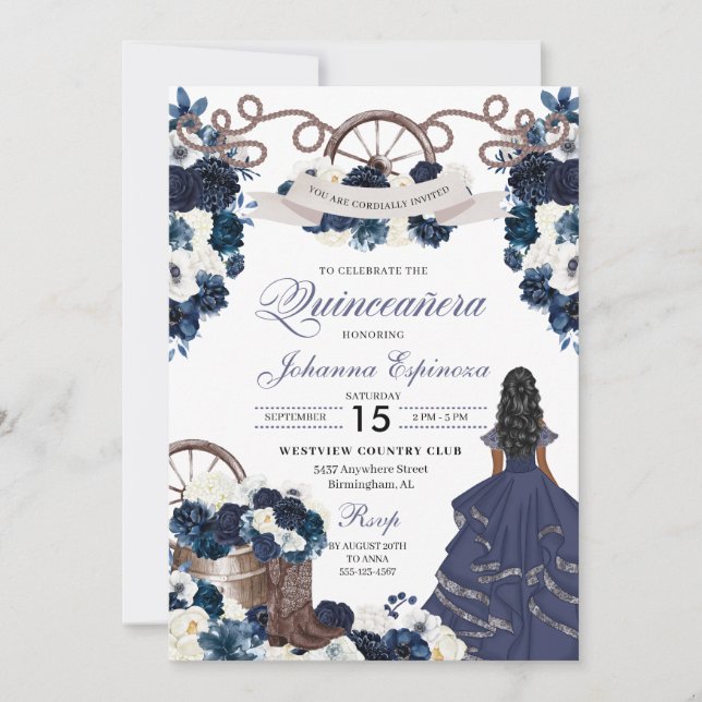 Navy Blue Western Ranchero Quinceanera Einladung (Vorderseite)