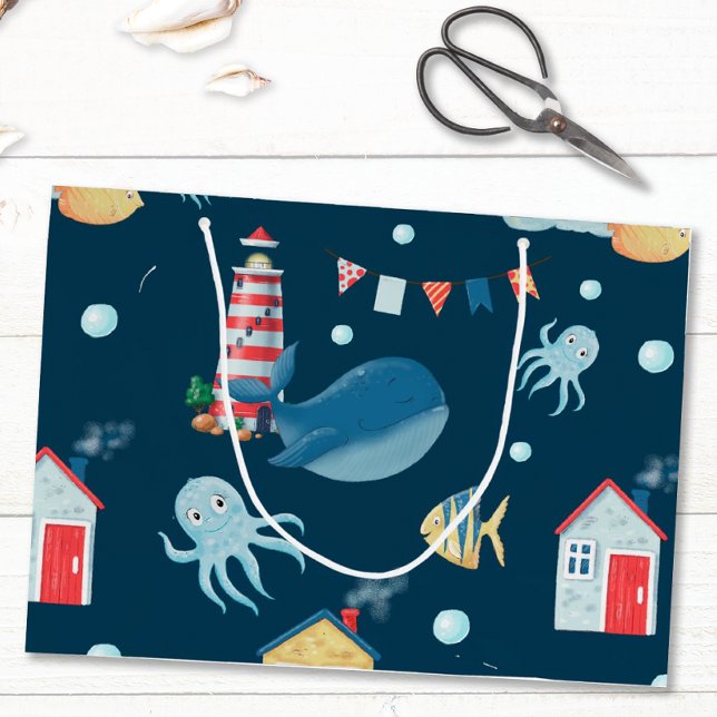 Navy Blue Whale Große Geschenktüte (Whimsical Nautical Gift Bag)
