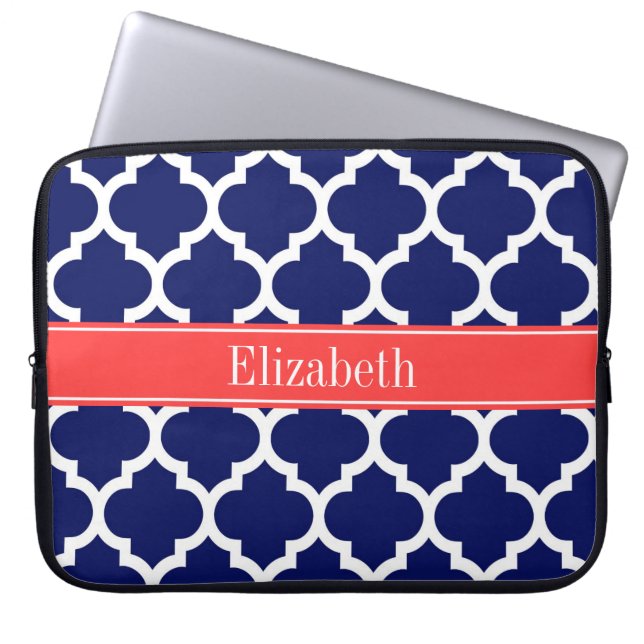 Navy Blue Whcan #5 Coral Red Name Monogram Laptopschutzhülle (Vorderseite)