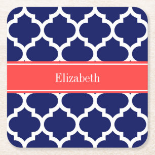 Navy Blue Whcan #5 Coral Red Name Monogram Rechteckiger Pappuntersetzer