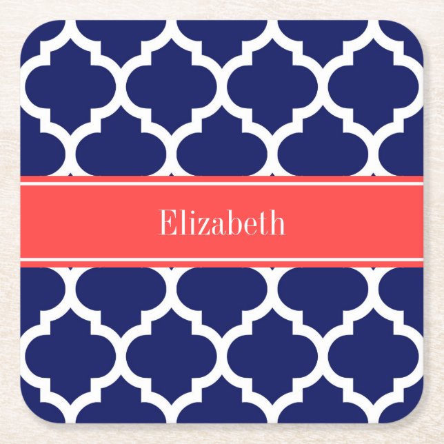 Navy Blue Whcan #5 Coral Red Name Monogram Rechteckiger Pappuntersetzer (Vorderseite)