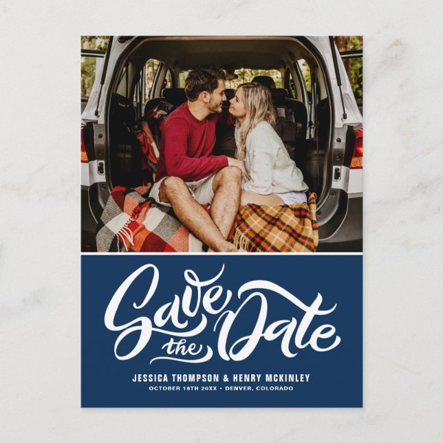 Navy Blue Whimsical Letted Foto Save the Date Ankündigungspostkarte (Vorderseite)