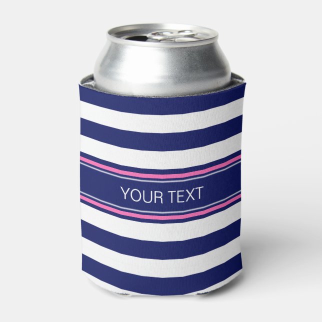 Navy Blue Whisky Stripe Hot Pink Name Monogram Dosenkühler (Kanne Vorderseite)