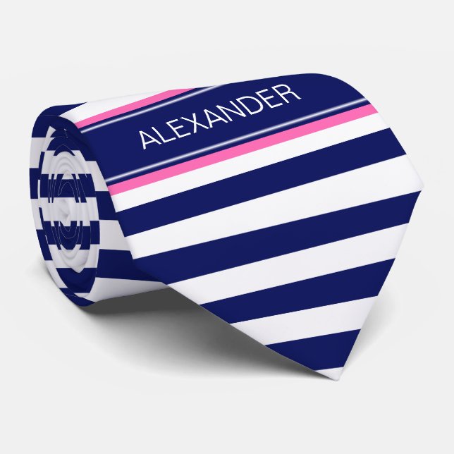 Navy Blue Whisky Stripe Hot Pink Name Monogram Krawatte (Gerollt)
