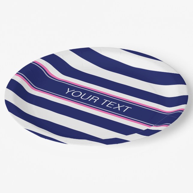 Navy Blue Whisky Stripe Hot Pink Name Monogram Pappteller (Schrägansicht)