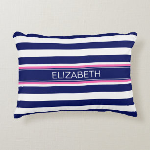Navy Blue Whisky Stripe Hot Pink Name Monogram Zierkissen
