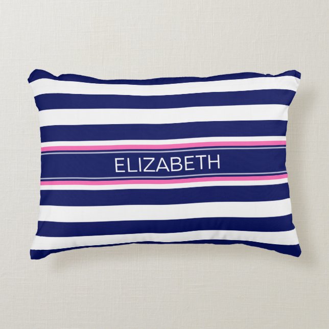 Navy Blue Whisky Stripe Hot Pink Name Monogram Zierkissen (Vorderseite)