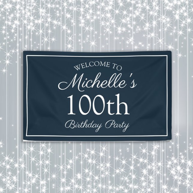 Navy Blue White 100. Geburtstagsparty Banner (Navy blue and white women's 100th birthday party banner personalized with your own text)