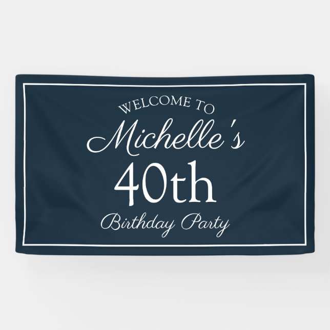 Navy Blue White 40. Geburtstag Party Banner (Horizontal)