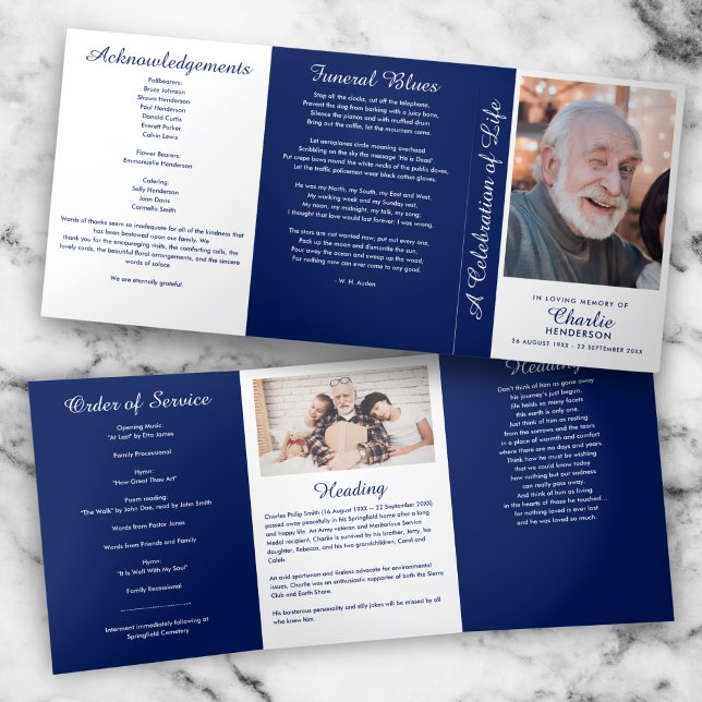 Navy Blue & White 6-Seiten-Trifold-Beerdigung Prog Dreifach-gefaltete Programmkarte (Von Creator hochgeladen)