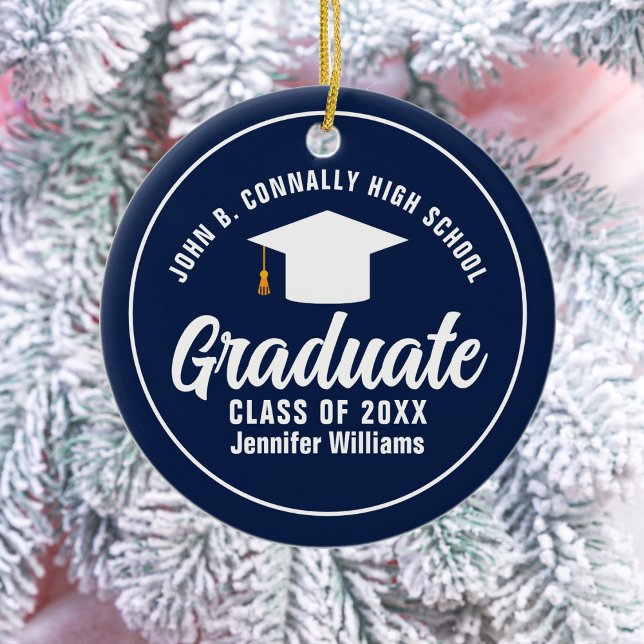 Navy Blue White Abschluss Custom Graduate Foto Keramik Ornament (Von Creator hochgeladen)
