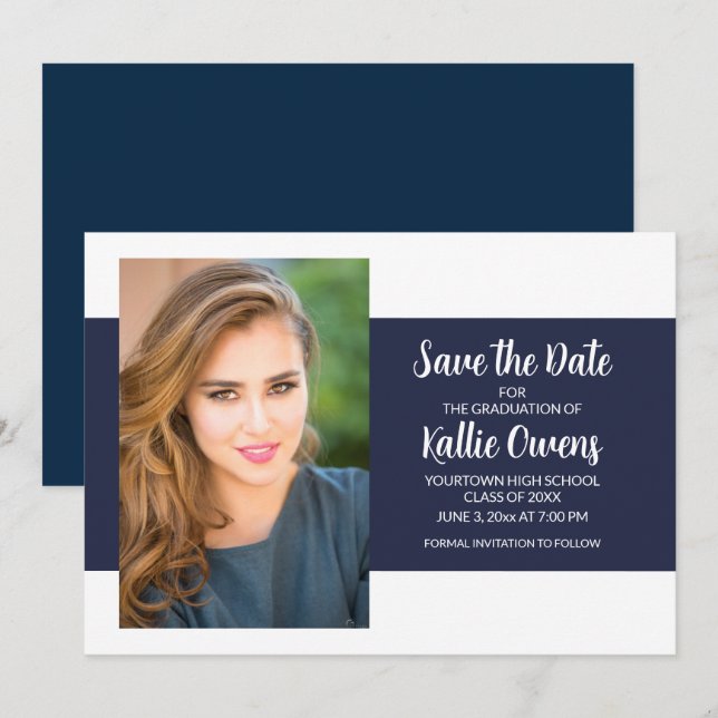 Navy Blue White Abschluss Foto Save the Date Einladung (Vorne/Hinten)