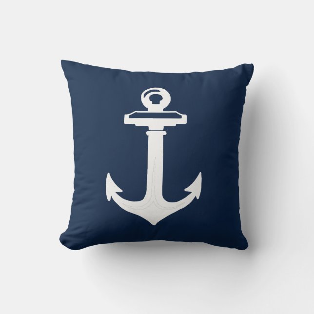 Navy Blue White Anchor Nautical Throw Kissen (Vorderseite)