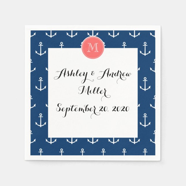 Navy Blue White Anchors Pattern Coral Monogram Serviette (Vorderseite)