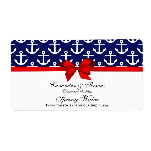 Navy Blue, White Anchors Red Bow Party Water Label (Vorne)