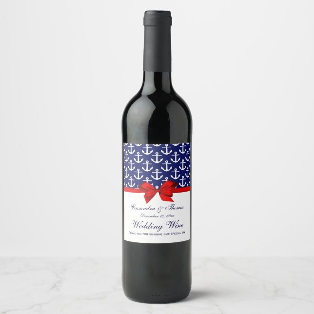 Navy Blue, White Anchors Red Bow Party Weinetikett (Vorderseite)