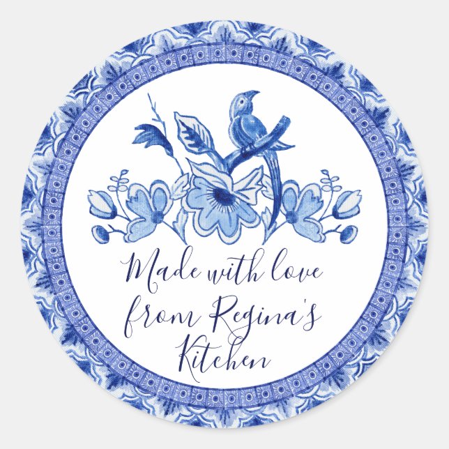 Navy Blue White Asian Chinoiserie Geschenke Küche Runder Aufkleber (Vorderseite)