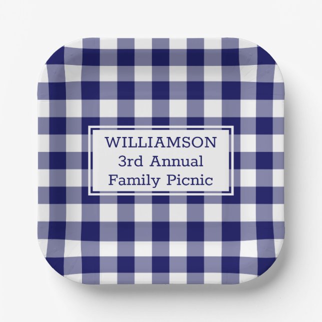 Navy Blue White Buffalo Karo Family Picnic Pappteller (Vorderseite)
