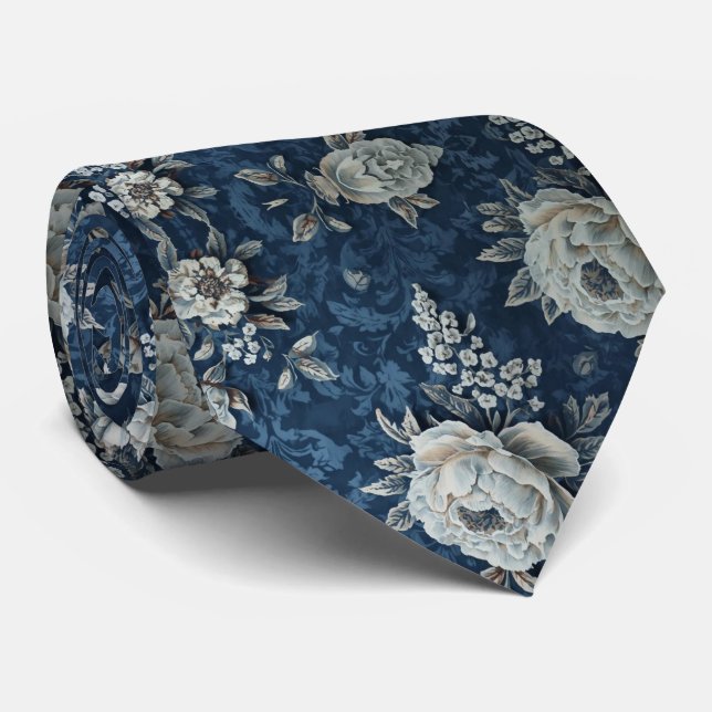 Navy Blue White Cascading Peonies Wedding  Krawatte (Gerollt)