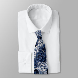 Navy Blue White Cascading Peonies Wedding Krawatte