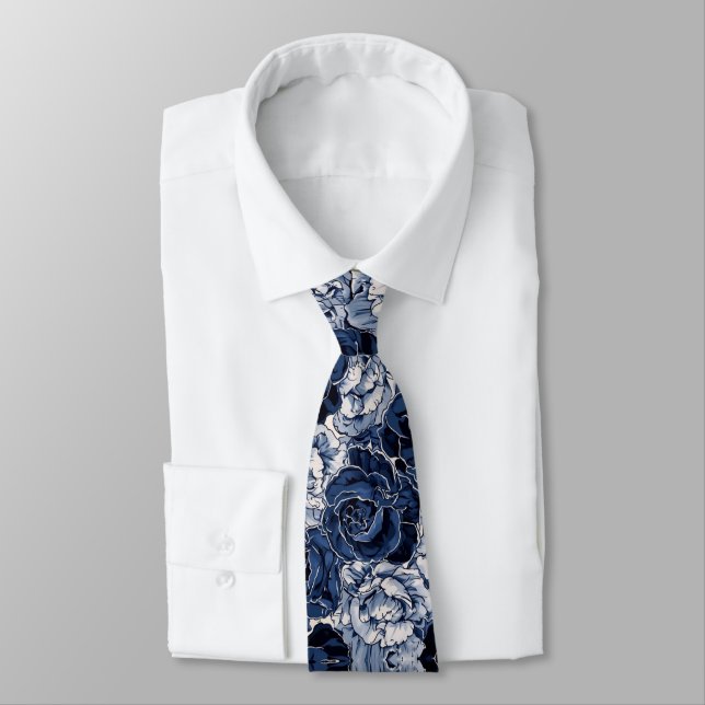 Navy Blue White Cascading Peonies Wedding  Krawatte (Gebunden)