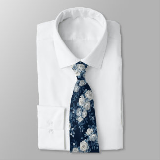 Navy Blue White Cascading Peonies Wedding Krawatte