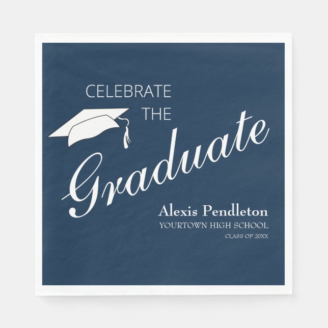 Navy Blue White Celebrate Graduate Abschluss Serviette (Vorderseite)