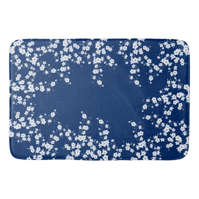 Navy Blue White Cherry Blossom  Badematte (Vorderseite)