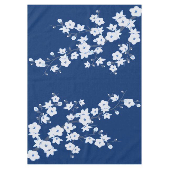 Navy Blue White Cherry Blossom Tischdecke (Vorderseite)
