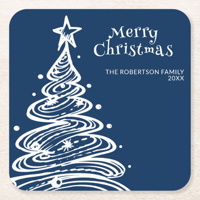 Navy Blue White Christmas Tree Party Rechteckiger Pappuntersetzer (Vorderseite)