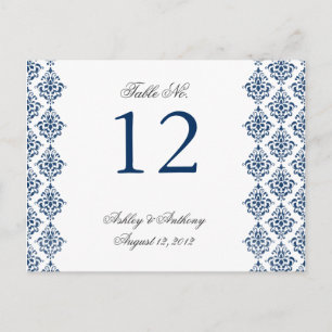 Navy Blue White Damask Arabesque Tischnummer Card