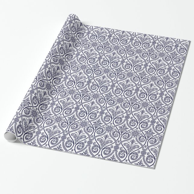 Navy Blue & White Damask Gift Wrap Geschenkpapier (Ungerollt)