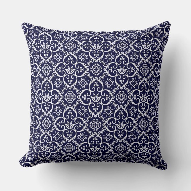 Navy Blue & White Damask Pillow Kissen (Vorderseite)