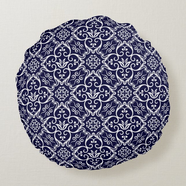 Navy Blue & White Damask Round Pillow Rundes Kissen (Rückseite)