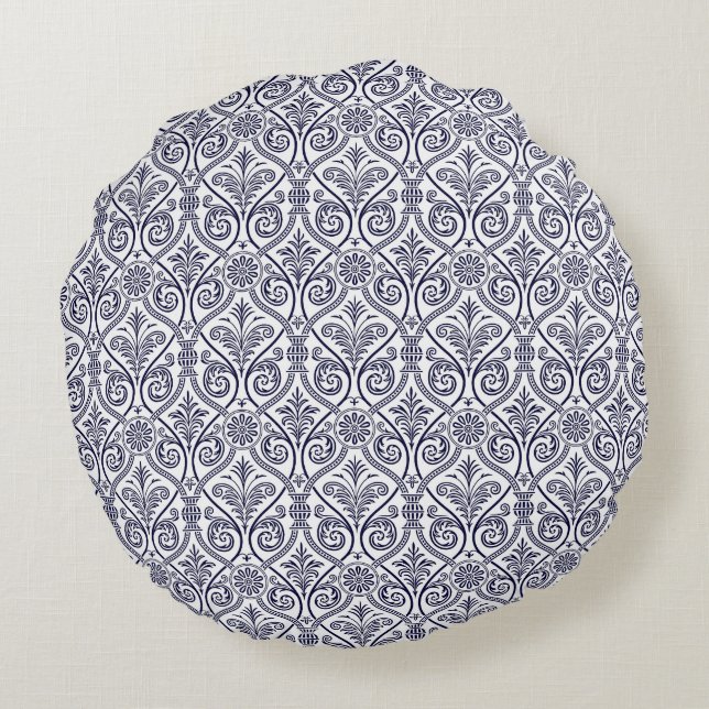Navy Blue & White Damask Round Pillow Rundes Kissen (Rückseite)