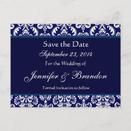 Navy Blue & White Damask Save the Date Postkarte