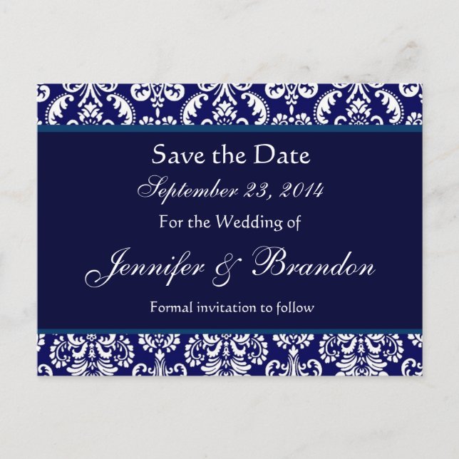 Navy Blue & White Damask Save the Date Postkarte (Vorderseite)