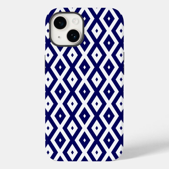 Navy-Blue-White-Diamantmuster Case-Mate iPhone 14 Hülle (Rückseite)
