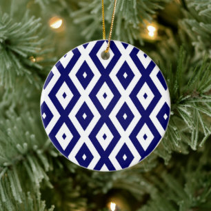 Navy-Blue-White-Diamantmuster Keramik Ornament
