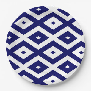 Navy-Blue-White-Diamantmuster Pappteller