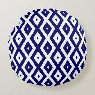 Navy-Blue-White-Diamantmuster Rundes Kissen